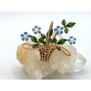 Vintage Krementz Goldtone Forget Me Not Floral Pearl Enamel Basket Brooch